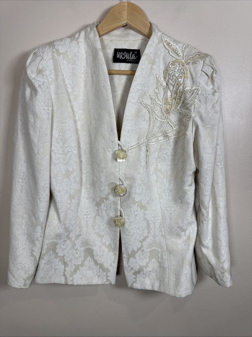 VTG Ursula Of Switzerland Womens Blazer Jaquard Beaded 80s Funky Artsy Bride 10